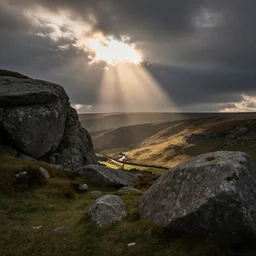 dartmoor national park, dramatic lighting, god rays, cinematic