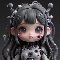 kawaii possessed korean female android fused with lovecraft, cosmic entity, the thing, the blob, cable wires as hair, ghostly, holes in the lower jaw, gnarly, portrait, intricate details, by vincent di fate, artgerm, julie bell, beeple and Greg Rutkowski, 80s, concept, Smooth gradients, octane render, 8k, High contrast, duo tone, depth of field, very coherent symmetrical artwork, adorable and super cute