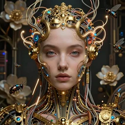 very beautiful woman integrating with technology, full face frontal centered, portrait, insipiring, detailed intricate ornate neon pulsating cables connected to head, hollow eyes, luxurious detailed abundent wiring and implants, gold, renaissance, sci - fi, detailed technology background with cyber flowers and insects, dramatic lighting, photography, highly detailed, artstation, 8 k,