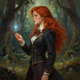 side portrait attractive female, adventurer magic school academia uniform, fantasy forest landscape, dnd fantasy magic, long red hair, cinematic rim light, intricate, elegant, sharp focus, illustration, highly detailed, digital painting, concept art, matte, art by wlop and artgerm and greg rutkowski and alphonse mucha, masterpiece
