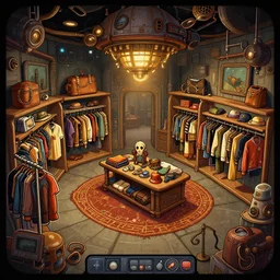 inside a clothing store, on a spaceship, steampunk style, from a point and click 2 d graphic adventure game, art inspired by [ [ thomas kinkade ] ] and [ mark keathley ]