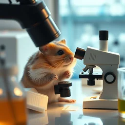 film still of a hamster working in a research lab using a tiny microscope, 8 k