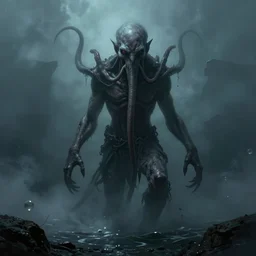 cthulhu emerging from the ocean, thalassophobia, full body shot, matte painting, unsettling, misty, by lovecraft and greg rutkowski, luis royo and wayne barlowe, artstation