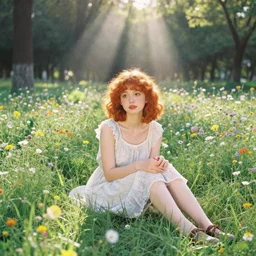 a cute 20 year old girl with short curly red hair sitting in a field of flowers, god rays are passing through the trees in the background, Monet painting, low saturation