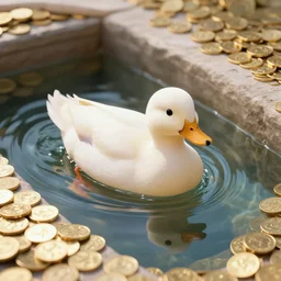 photorealistic photograph of an anthropomorphic duck swimming in a vault full of gold coins