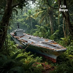 decayed aircraft carrier USS Nimitz laying on the ground of a tropical forest, overgrown with vegetation, rust, hanging vines, post appocalyptic, by Luis Royo, by Greg Rutkowski, dark, gritty, intricate, cover illustration, concept art, volumetric lighting, volumetric atmosphere, sharp focus, octane render, trending on artstation, 8k