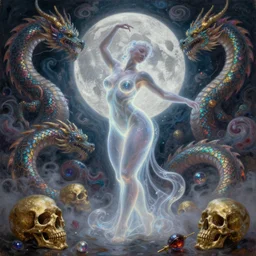 concept art of translucent glowing curvy woman dancing, big booty, flowy, melting, round moon, swirly clouds, very detailed, volumetric light, mist, fine art, textured oil over canvas, dragons, epic fantasy art, very colorful, ornate intricate scales, gold skulls, fractal gems, 8 k, hyper realistic, high contrast