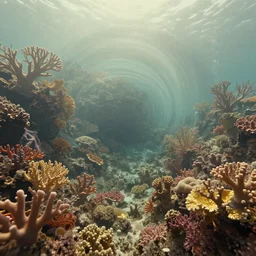 a retrowave aesthetic style artwork of a coral reef under water, divine, hazy, volumetric lighting, lush flora, empty, spacetime bending, very detailed, serene, gold accents, washed out colors, beautiful artwork, master level composition, raytracing