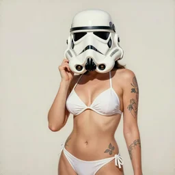 female in white bikini with tattoos and stormtrooper helmet, well composed, clean elegant painting, beautiful detailed face. 6 0 s style advertising