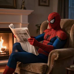 in the evening, in a cozy twilight, lies in an armchair by the fireplace and reads a newspaper, spider - man, realistic light, soft light, focus, depth of field, photorealism, 8 k quality, high quality, realistic style, classicism painting