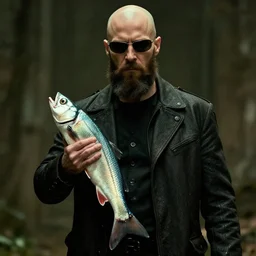 bearded and bald man armed with a fish in matrix universe