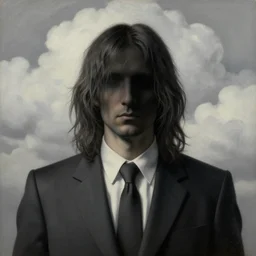 portrait of a faceless shadow - head man with messy long hair in a suit, clouds in the background, by rene magritte, detailed painting, distance, middle centered, hd, hq, high resolution, high detail, 4 k, 8 k