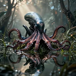 Xenomorph octopus in a swamp, reflections on the water, anamorphic flares , film still from Aliens by James Cameron