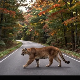 trailcam footage of a cougar crossing the road in rural West Virginia, maple trees, diffused light, beautiful and defined