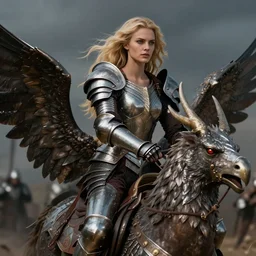 a beautiful blond woman riding an armored griphon into battle, 8 k, moody lighting, shallow depth of field,
