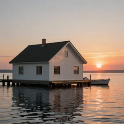 a photo of a house, boat on the water, sunset