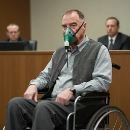 walter white with a rough beard, wearing an oxygen mask, sitting in a wheelchair in a courtroom on trial.