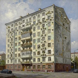painting of Soviet apartment building jewelered with skulls, by Vereschagin