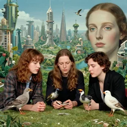 non binary future world, sustainable cities in a harmonious coexistence, lou, noa & plume are studying the birds language, super 8 portrait by leonora carrington, derek jarman, barbara hammer 4 k, 8 k, perfect face