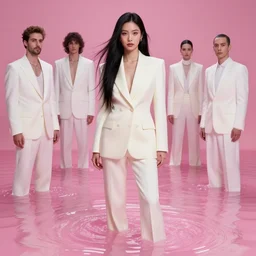 lee jin - eun in revealing luxurious ivory suit emerging from pink water in cyberpunk theme by conrad roset, nicola samuri, dino valls, m. w. kaluta, rule of thirds, seductive look, beautiful, refined, masterpiece