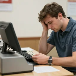 sad man paying his last dollar at a cash register photorealistic award winning