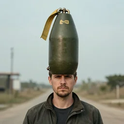 photography of a man with big nuclear bomb in the head