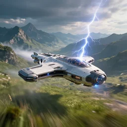 Futuristic spaceship flying on high speed above grassy valley with gorgeous mountain range in the background, view from above, cinematic, dramatic volumetric lightning, epic composition, 8K Ultra HD, high detail, Octane render