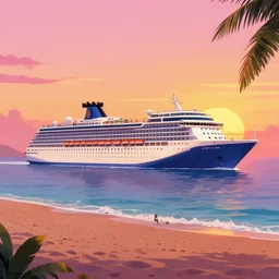 a cruise ship chilling on the beach, sunset, vaporwave