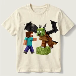 A photo of Steve fighting the Ender Dragon in Minecraft, printed on a cream linen t-shirt