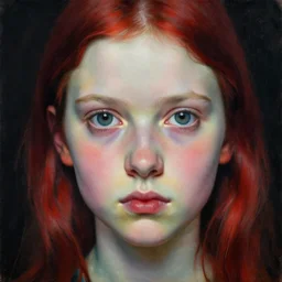 high quality high detail painting by lucian freud, hd, young pale girl staring intensely, big eyes, alizarin crimson and black, photorealistic lighting