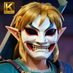 a powerful japanese samurai wearing a the mask of link from zelda, detailed face, highly detailed, face symmetry, character concept portrait by moebius and laurie greasley, colorful, profile picture, 8 k, cinematic color grading