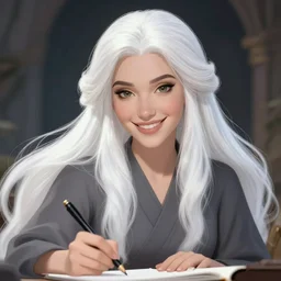 beautiful smiling wizard woman with long white hair, drawing in the style of wlop, greg rutkowski, artgerm, andrei riabovitchev, detailed ink drawing, black on white