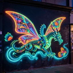 florescent graffiti of a dragon with butterfly wings on a street wall, glow wave