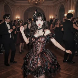 lomography, full body portrait photo of young women like reol in a vaster ballroom interior dancing at a crowded masquerade party, wearing a ornate gothic dress and choker, moody, realistic, dark, skin tinted a warm tone, light blue filter, hdr, rounded eyes,, detailed facial features