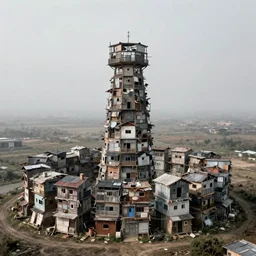 circular towers made up of makeshift squatter shacks, a vast landscape, misty, dystopia, mamiya rb 6 7, fully frontal view, very detailed, photographed by ansel adams