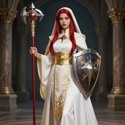 Full-body picture of beautiful young priestess, White and gold robes, red waist-long hair, mace and shield, visible face, dungeon and dragons, high fantasy, alluring, artstationhd, artstationhq, trending in artstation, safebooru