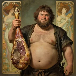 dirty, overweight medieval peasant holding ham shank, natural lighting, path traced, highly detailed, high quality, digital painting, by don bluth and ross tran and studio ghibli and alphonse mucha, artgerm