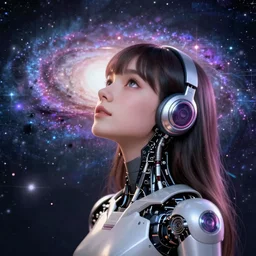 a beautiful calm robot girl looking up at the galaxy, digital art, synthwave,