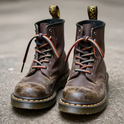 a battered old pair of Dr martens boots with rainbow laces