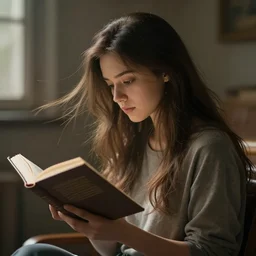 a girl reading a book, her hair flowing down, concept style, trending on artstation, concept art, detailed, octane render, cinematic, photo-realistic, 8k, high detailed