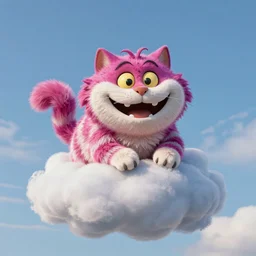 the Cheshire cat smiling from a cloud he's sitting on in the sky high level of detail 8k style of LUKE BROWN