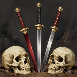 a beautiful masterpiece of three samurai swords stuck in the ground, giant skull laying deep in the ground, anime, studio ghibli, joao ruas, by joao ruas, realistic shaded lighting, fine detail, dramatic, atmospheric, trending on artstation, rich colours