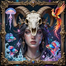 baroque bedazzled gothic bedazzled gothic frames surrounding a pixelsort highly detailed portrait of a goddess macro close - up portrait wigh crown made of ram skull. betta fish, jellyfish phoenix, bioluminiscent, plasma, ice, water, wind, creature, super intricate ornaments artwork, a hologram by penny patricia poppycock, pixabay contest winner, holography, irridescent, photoillustration, maximalist vaporwave