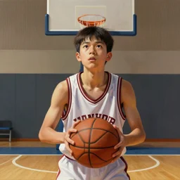 portrait of a boy at a basketball court playing basketball wearing a basketball jersey in a basketball court standing near the basketball hoop, intense emotion, detailed facial expression, detailed surroundings, intricate, elegant, highly detailed, centered, digital painting, artstation, concept art, smooth, sharp focus, illustration, by (Leonardo da Vinci), WLOP