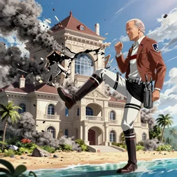 joe biden, as a titan, kicking a florida mansion, attack on titan, anime key visual, wit studio official media, beachfront mansion, huge smashed mansion, giant kicking foot, smoke and rubble, high detail, kicking, kicking, kicking