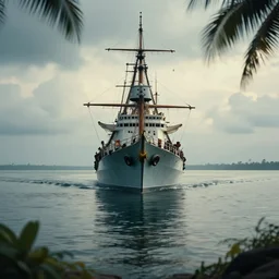 cinematic still of a movie, british warship hms comus landing on kerala beech, XF IQ4, f/1.4, ISO 200, 1/160s, 8K, RAW, dramatic lighting, symmetrical balance, in-frame