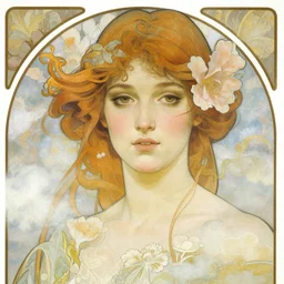 hyperrealism, close - up fashion woman portrait airy flowers clouds illustration art by alphonse mucha greg rutkowski craig mullins