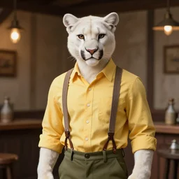 beautiful portrait commission of a male furry anthro!!! albino mountain lion wearing a yellow button-down shirt, olive green slacks, and suspenders. Old-timey saloon. Atmospheric. Renowned character illustration by greg rutkowski, thomas kindkade, alphonse mucha, loish, norman rockwell. detailed, inked, western comic book art
