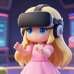 a cute little anime girl with long blond hair, sky blue eyes, full round face,, pink dress, playing a virtual reality game highly detailed, cinematic wallpaper by stanley artgerm lau