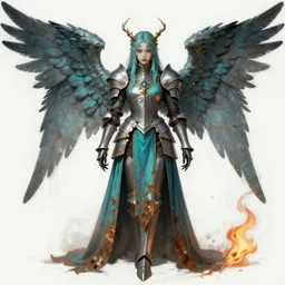 character concept sheet of an angel knight gothic girl. by ( rembrandt painting ( 1 0 0 ) ( fractal flame ) ), highly detailded, turquoise rust